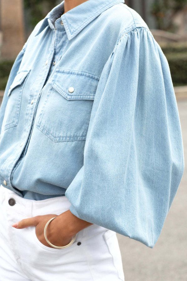 Flory™ | Polobluse aus Denim mit Puffärmeln Rabatt – Bild 2