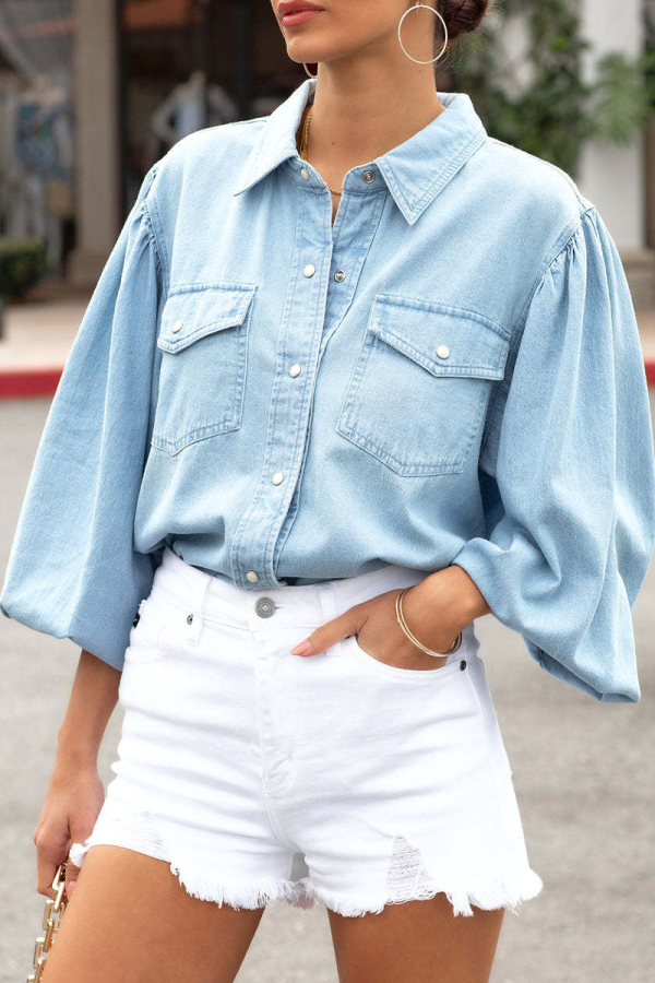 Flory™ | Polobluse aus Denim mit Puffärmeln Rabatt
