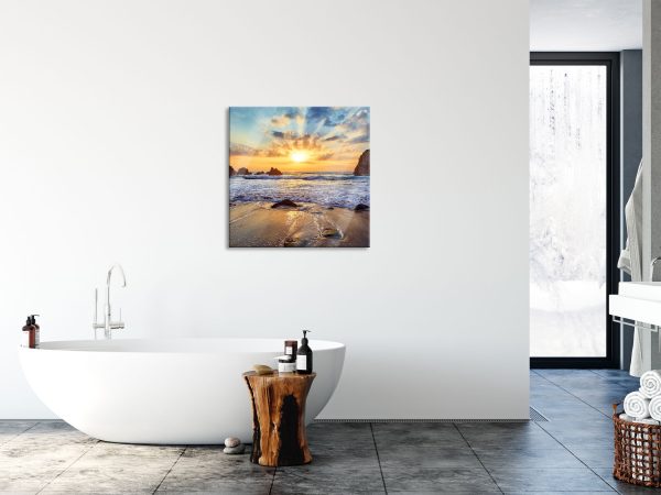 Sandstrand mit Felsen im Sonnenuntergang, Glasbild Quadratisch Online-Schn?ppchen – Bild 4