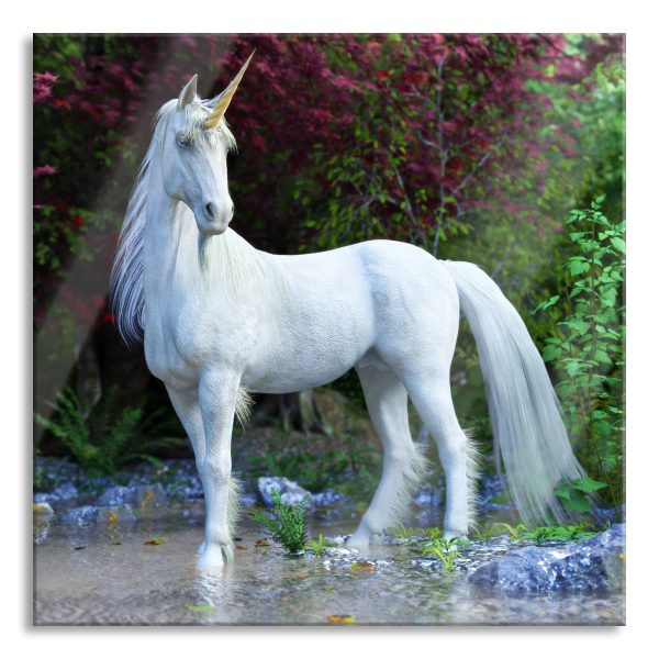 Majestätisches Einhorn in Waldsee, Glasbild Quadratisch Verkauf
