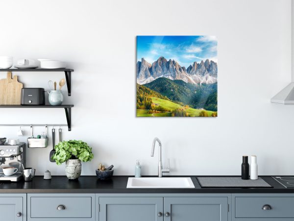 Bunte Waldlandschaft vor den Dolomiten, Glasbild Quadratisch Verkauf – Bild 3