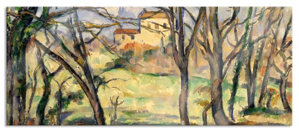 Paul Cézanne  - Bäume und Häuser nahe des Jas de Bouff, Glasbild Panorama Im Angebot