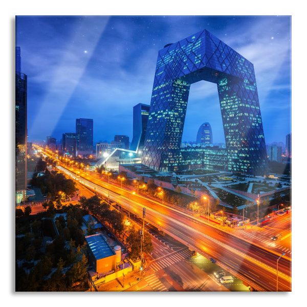 Straßenlichter bei Nacht in Peking, Glasbild Quadratisch Angebot